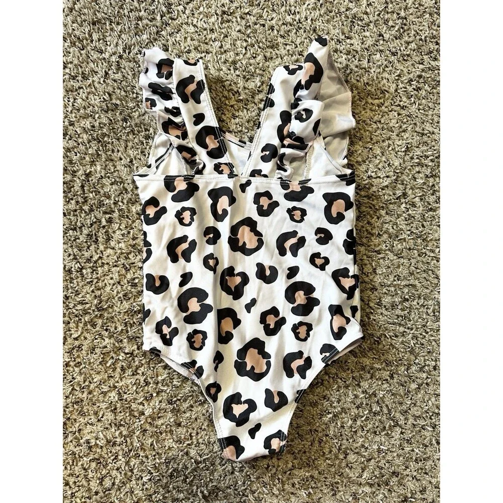 One-Piece Ruffle Sleeveless White Leopard Print Swimsuit Girls Sz 4-5 Year